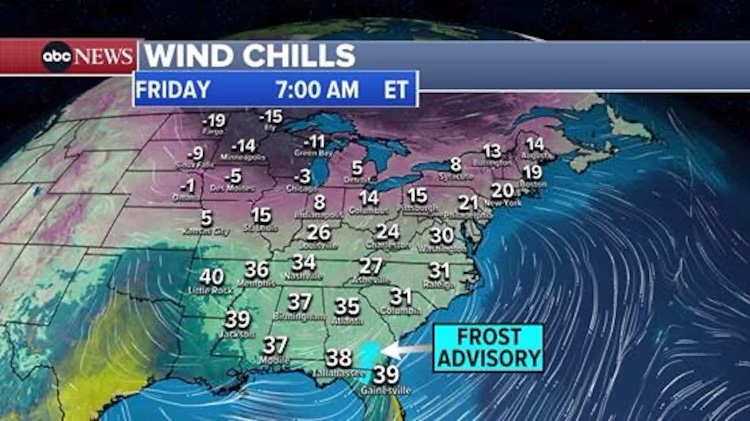 An ABC News graphic shows weather in the United States on Friday, Dec. 13, 2024.